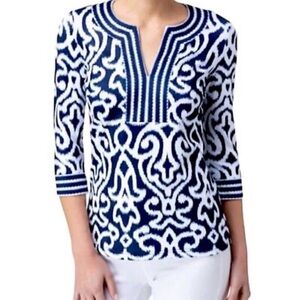 Gretchen Scott Designs Jersey Arabesque Tunic in Navy size large luxury resort